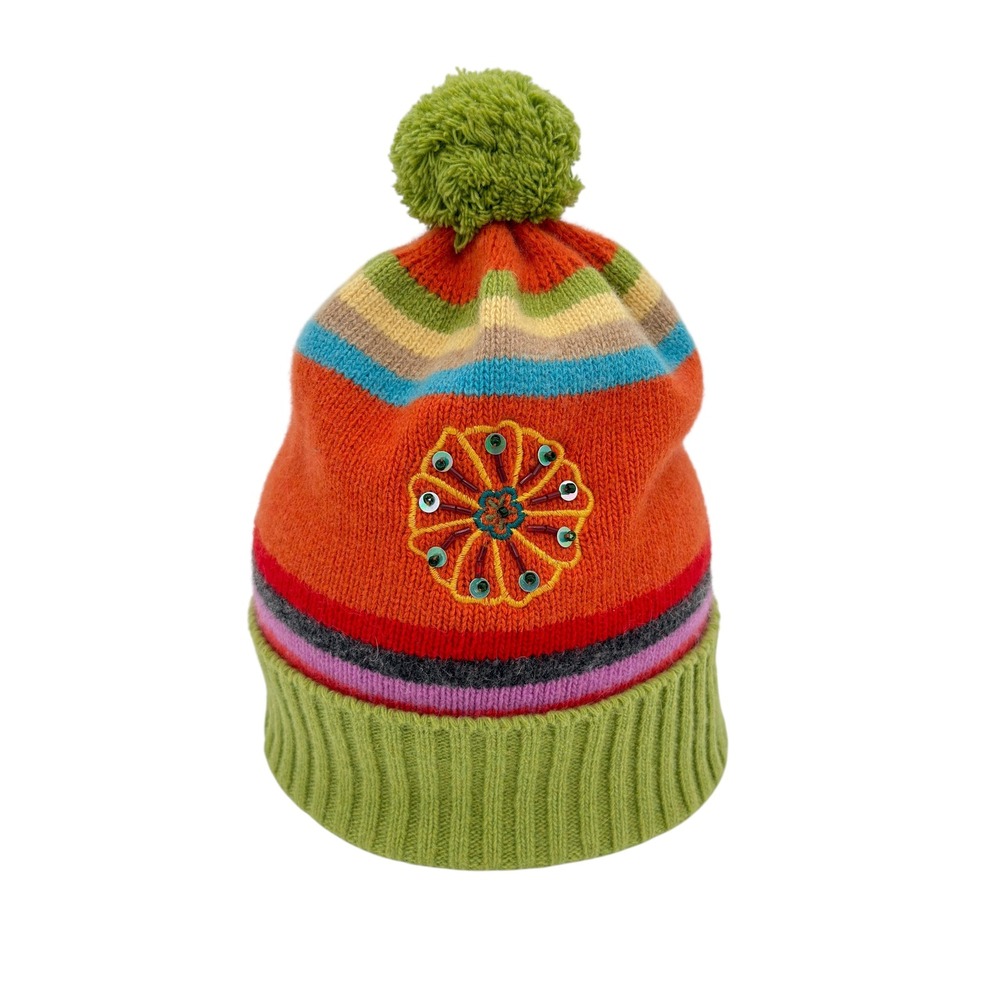Portolano Lambswool Angora Beanie Pom Hat Multicolor Sequin Boho
